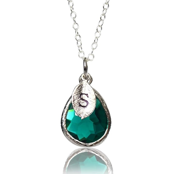 Personalized Emerald Necklace, May Teardrop Birthstone Necklace, Bridesmaid Necklace, Custom Initial Necklace, Birthday Gift for Her - 20" Gold Plated