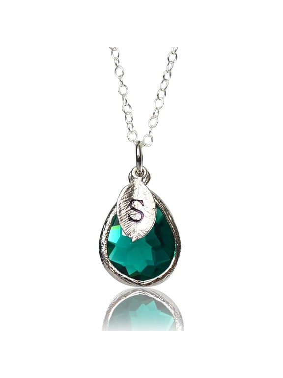 Personalized Emerald Necklace, May Teardrop Birthstone Necklace, Bridesmaid Necklace, Custom Initial Necklace, Birthday Gift for Her - 20" Silver Plated