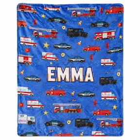 Personalized Emergency Vehicle Police Fire Truck Ambulance Fleece Throw Blanket, Custom Name, Soft 280 GSM Polyester