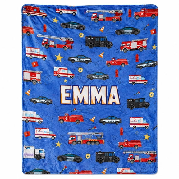 Personalized Emergency Vehicle Police Fire Truck Ambulance Fleece Throw Blanket, Custom Name, Soft 280 GSM Polyester