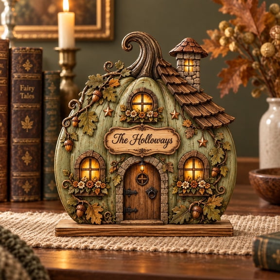 Personalized Enchanted Pumpkin Cottage Wooden Block for Fall Shelf Decor Housewarming Gift