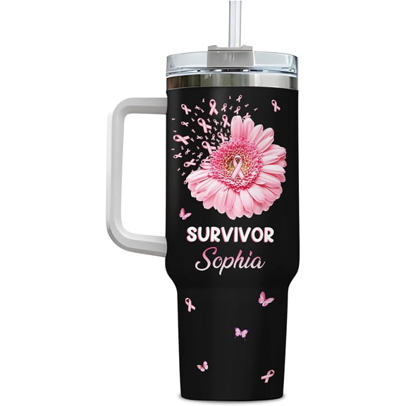Personalized Encouragement Breast Cancer Tumbler - Breast Cancer Gifts For Woman - Inspirational Awareness Gifts For Patient Survivor - Custom Name Travel Coffee Cup 40 Oz With Lid And Straw