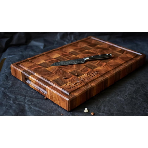 Personalized End Grain Walnut Cutting Board, good fortune Handcrafted Wood Kitchen Chopping Block (16x10x2 Inches)