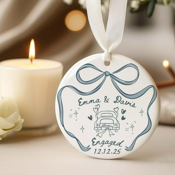 Personalized Engagement Gift for Couples, Wedding Gift for Newlyweds, Romantic Whimsical Ceramic, First Christmas Engaged Ornament