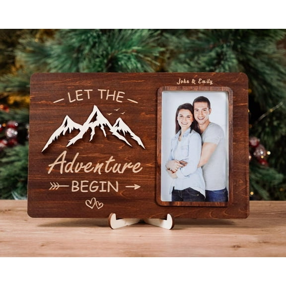 Personalized Engagement Picture Frame, Custom Couple Photo Frame, Engagement Gift for Couples, She Said Yes Wooden Adventure Frame