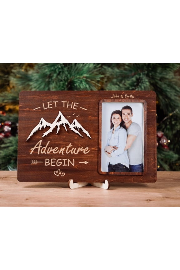Personalized Engagement Picture Frame, Custom Couple Photo Frame, Engagement Gift for Couples, She Said Yes Wooden Adventure Frame