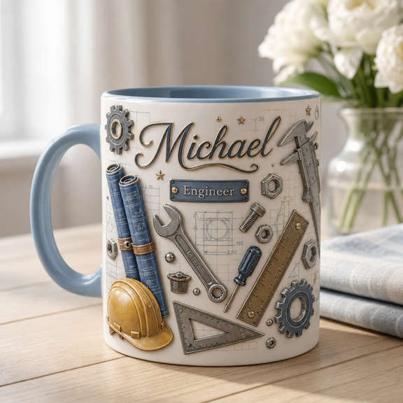 Personalized Engineer Mug with 3D Effect Blueprint Tools Design Gift for Engineers