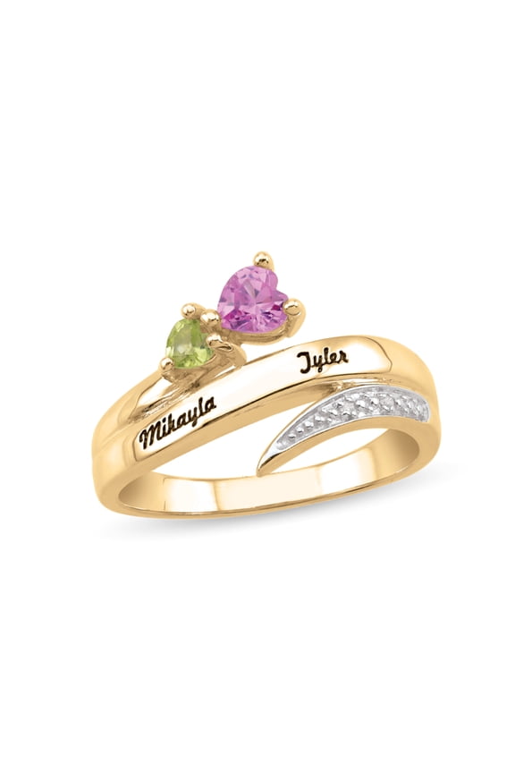 Personalized Engravable Bypass Couple's Heart Birthstone Ring in 14K Gold with Diamond Accents by Jewlster