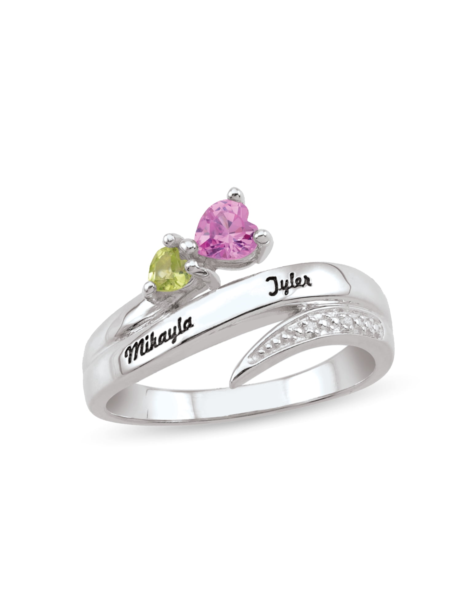 Personalized Engravable Bypass Couple's Heart Birthstone Ring in Sterling Silver with Diamond Accents by Jewlster