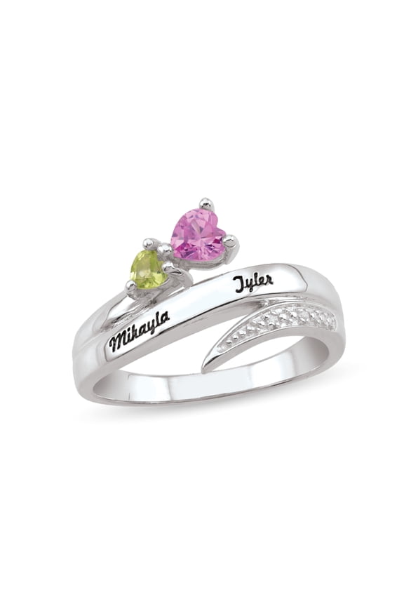 Personalized Engravable Bypass Couple's Heart Birthstone Ring in Sterling Silver with Diamond Accents by Jewlster
