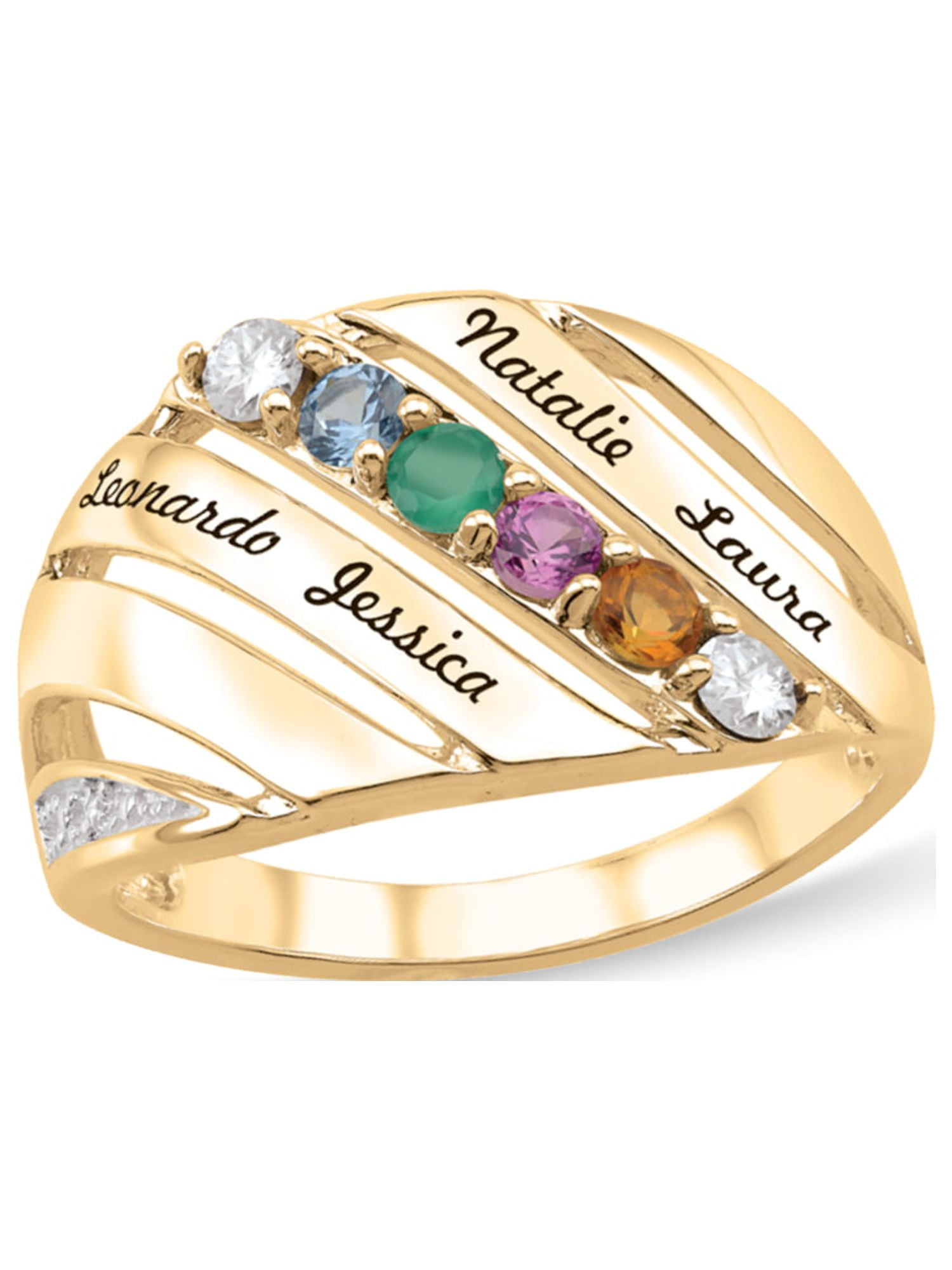 Personalized Engravable Diagonal Design Birthstone Ring in 10K Gold with Diamond Accents by Jewlster