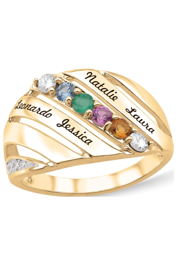 Personalized Engravable Diagonal Design Birthstone Ring in 14K Gold with Diamond Accents by Jewlster