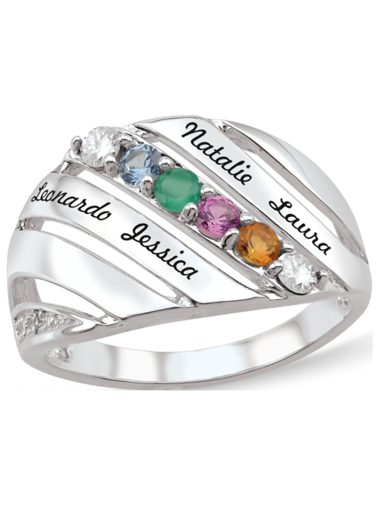 Personalized Engravable Diagonal Design Birthstone Ring in Sterling Silver with Diamond Accents by Jewlster