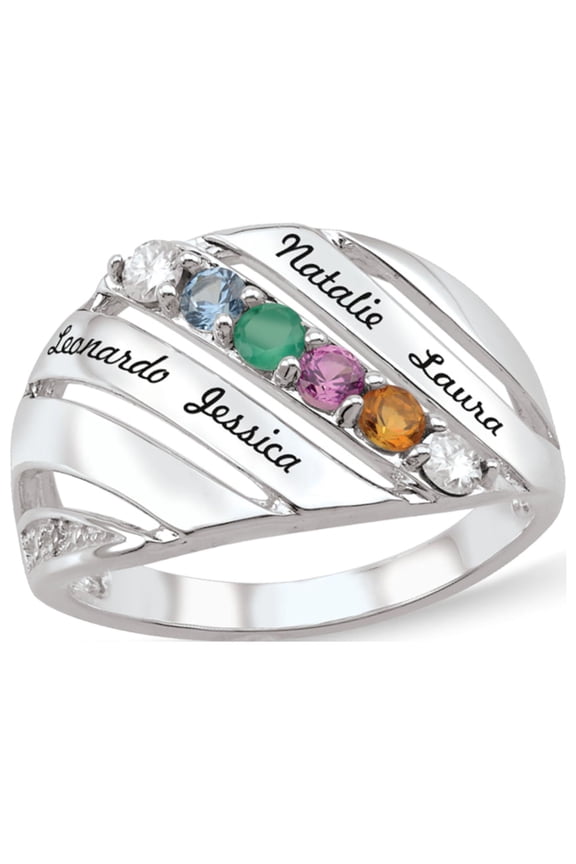 Personalized Engravable Diagonal Design Birthstone Ring in Sterling Silver with Diamond Accents by Jewlster