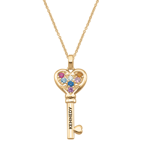 Personalized Engravable Key Birthstone Necklace in Gold Plated Sterling Silver by Jewlster