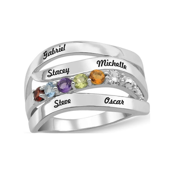 Personalized Engravable Wave Design Birthstone Ring in Sterling Silver with Diamond Accents by Jewlster