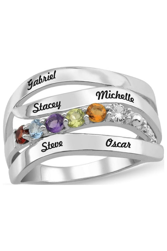 Personalized Engravable Wave Design Birthstone Ring in Sterling Silver with Diamond Accents by Jewlster