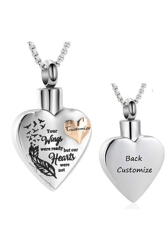 Personalized Engrave Heart with Angel Wing Print Cremation Jewelry for Ashes Holder Urn Necklace for Ashes of Loved One