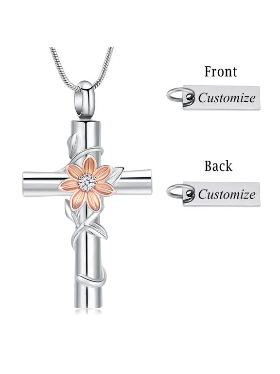 Personalized Engrave Prayer Cross with Rose Flower Cremation Jewelry for Ashes Ash Holder Memory Necklace Pendent for Ashes and Chain