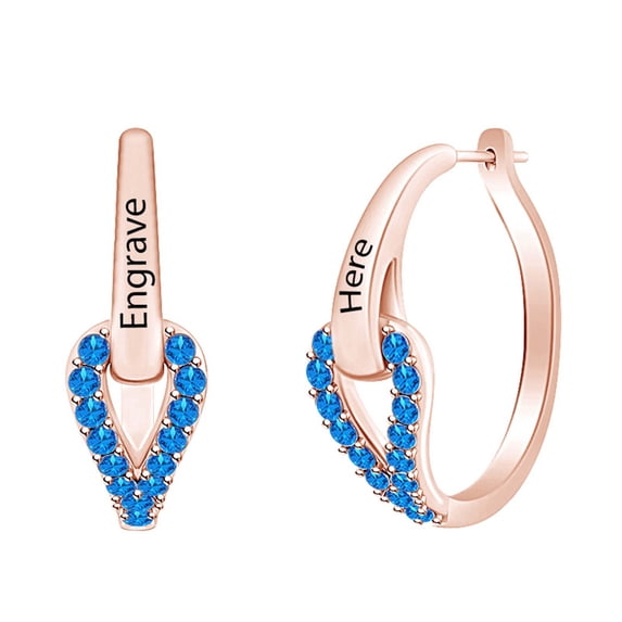 AFFY Personalized Engrave Round Simulated Blue Topaz Fashion Hoop Earrings 14k Rose Gold Over Sterling Silver For Women