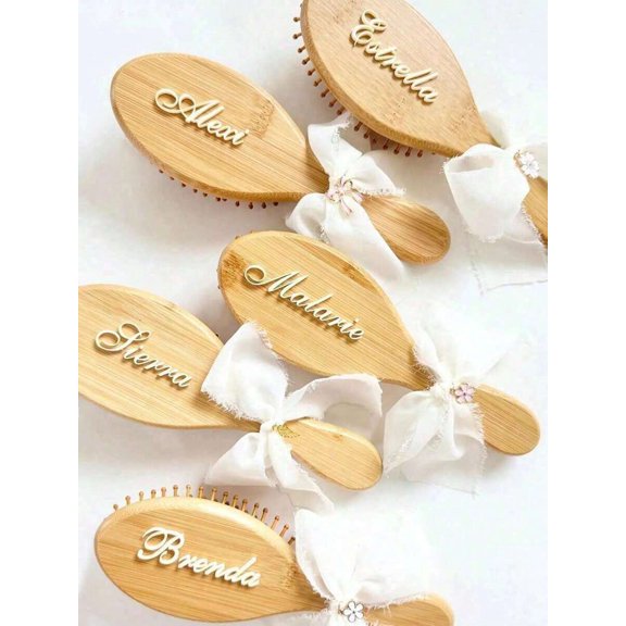 Personalized Engraved Bamboo Hair Brush Yellow - Anti-Static Paddle Brush