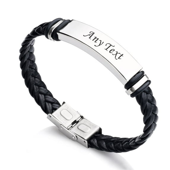 Personalized Engraved Bracelet for Men, Stainless Steel Braided Leather Wristband, Mens Jewelry Gifts for Dad Grandpa Husband Brother Son