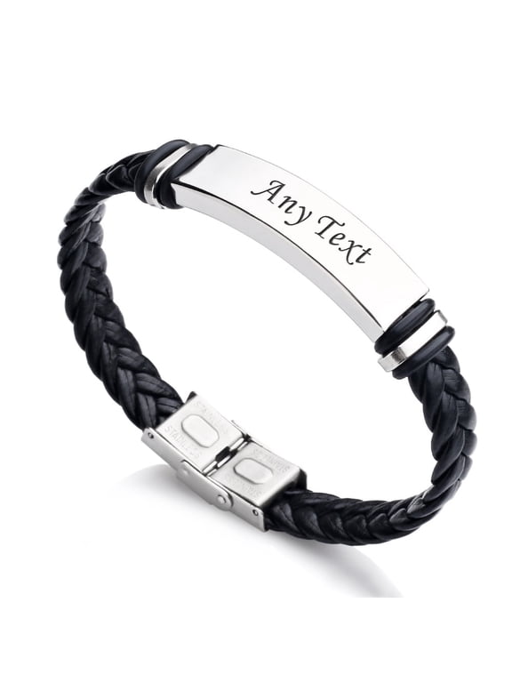 Personalized Engraved Bracelet for Men, Stainless Steel Braided Leather Wristband, Mens Jewelry Gifts for Dad Grandpa Husband Brother Son
