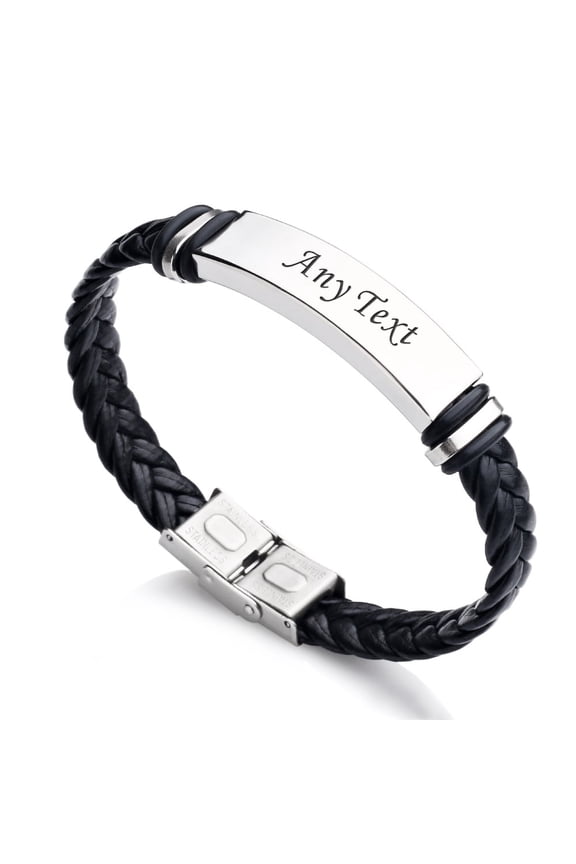 Personalized Engraved Bracelet for Men, Stainless Steel Braided Leather Wristband, Mens Jewelry Gifts for Dad Grandpa Husband Brother Son