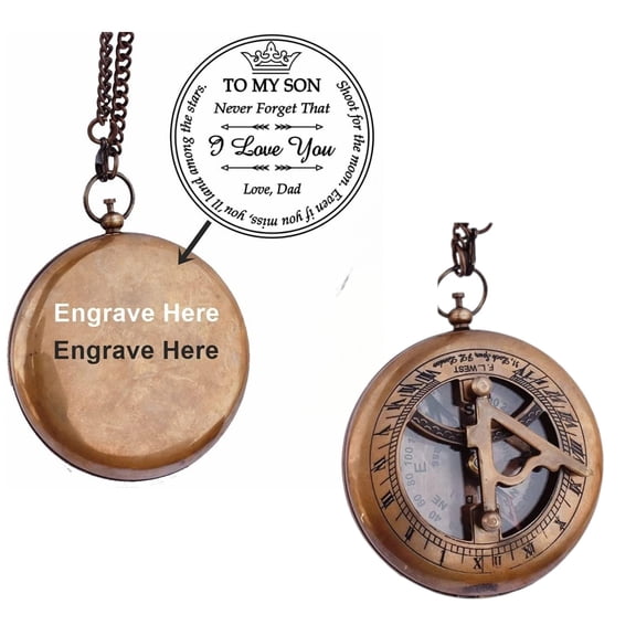 Personalized Engraved Brass Sundial Compass – Custom Nautical Gift for Son, Graduation, or Anniversary – Antique Style Pocket Compass with Chain and Custom Message