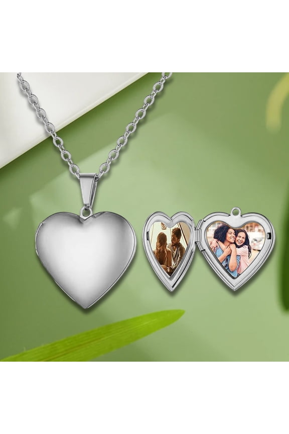 Personalized Engraved Heart Locket Necklace, ZzCityTK Stainless Steel Photo Pendant Romantic DIY Gift for Couples, Customizable Keepsake Jewelry for Her Him with Chain, Silver