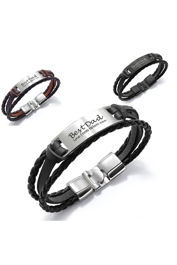Personalized Engraved Leather Bracelet, Braided Bracelet Men's Wristband, Meaningful Gift for Best Dad from Daughter or Son Birthday Father's Day