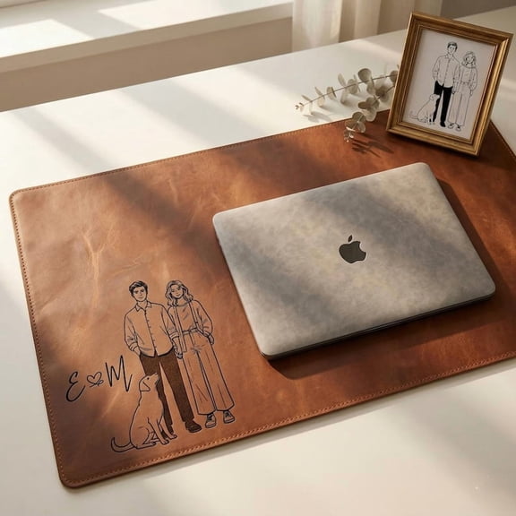 Personalized Engraved Leather Desk Mat, Rustic Office Blotter Desk Pad