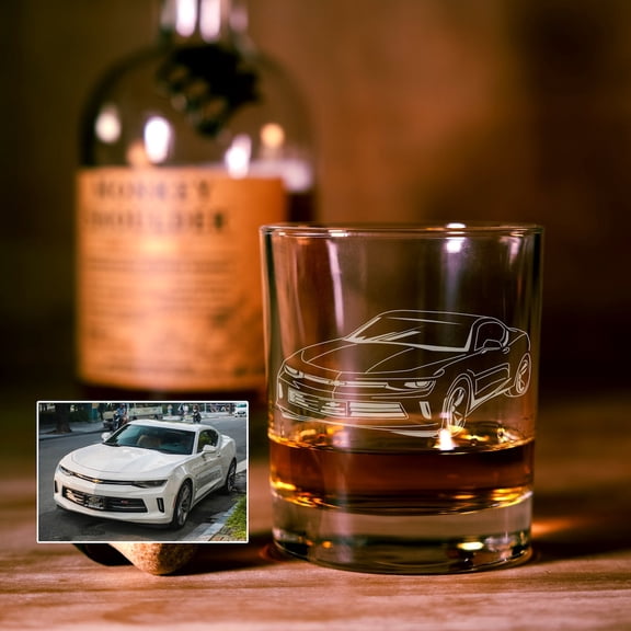 Personalized Engraved Whiskey Glass with Custom Car Illustration