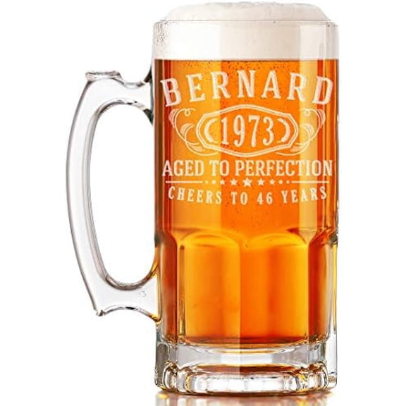 Personalized Etched 34oz Glass Beer Mug for Men - Customized Beer Gifts for Men, Groomsmen Mugs, Custom Retirement, Engraved Birthday Gifts, Father's Day, Regalos Personalizados para Hombre, Bernard