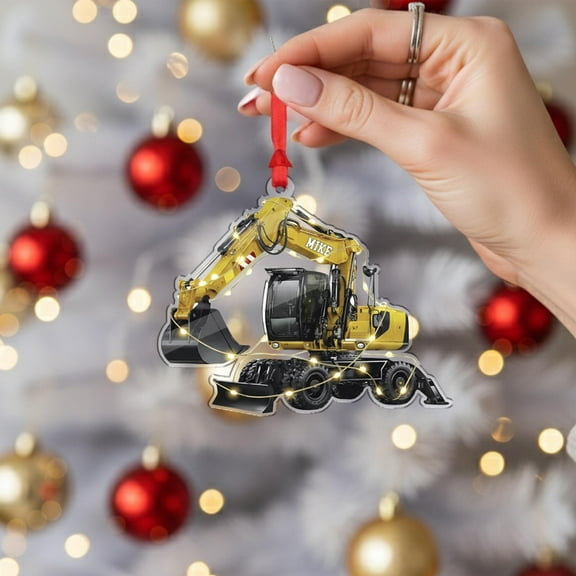 Personalized Excavator Acrylic Christmas Ornament Custom Name Heavy Equipment Holiday Tree Decor, Construction Worker/Builder Gift, Jobsite Keepsake
