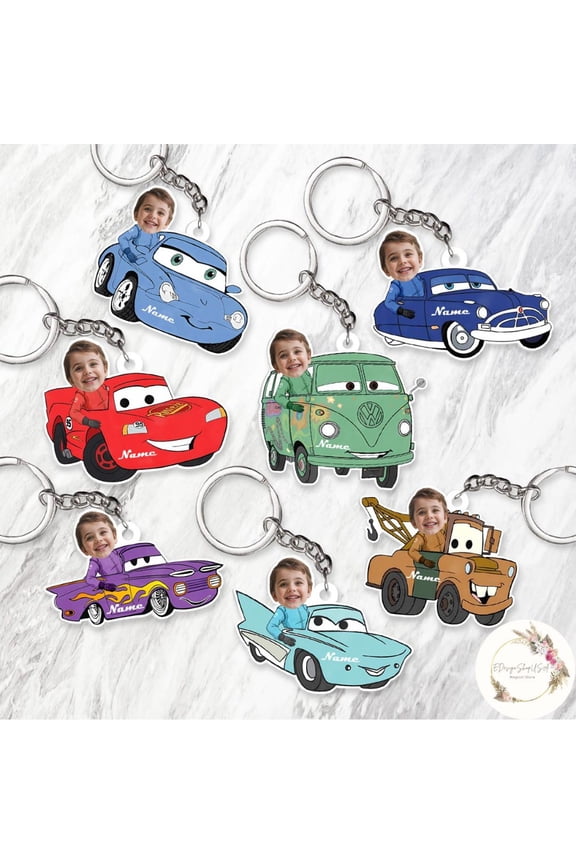 Personalized Fairytale Cars Keychain, Custom Photo & Name Lightning McQueen Mater Sally Carrera Doc Hudson Cars Land Race, Cars Family Vacation (1 keychain)