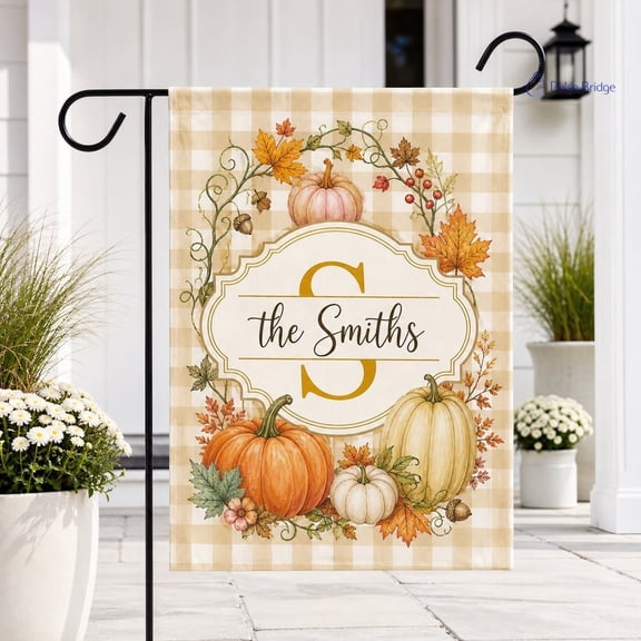 Personalized Fall Garden Flag, Custom Family Name Pumpkin Yard Decor, Monogram Autumn Porch Flag, Thanksgiving Housewarming Gift