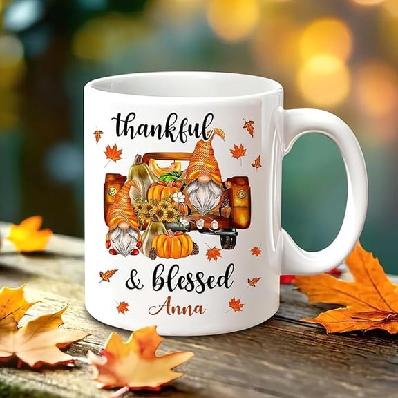 Personalized Fall Gnome Mug Gifts - Thankful And Blessed - Custom Name Coffee Cup Ceramic Mug - Gnome Gift For Women - Autumn Gifts - Fall Thanksgiving Decor Gift - Birthday