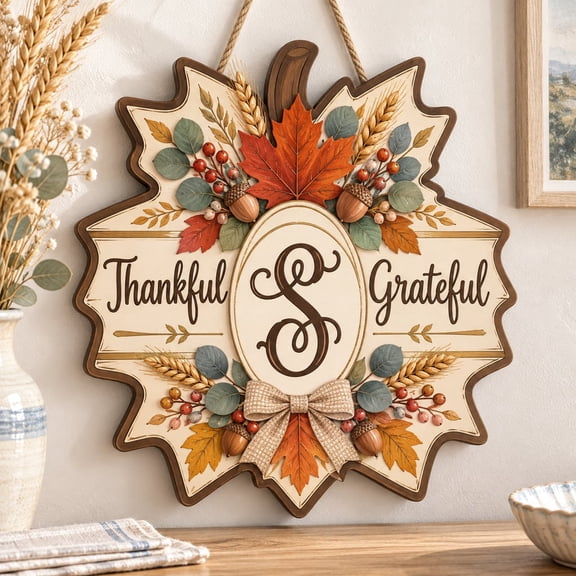 Personalized Fall Leaf Sign, Wooden Custom Initial Door Hanger for Thanksgiving Decor