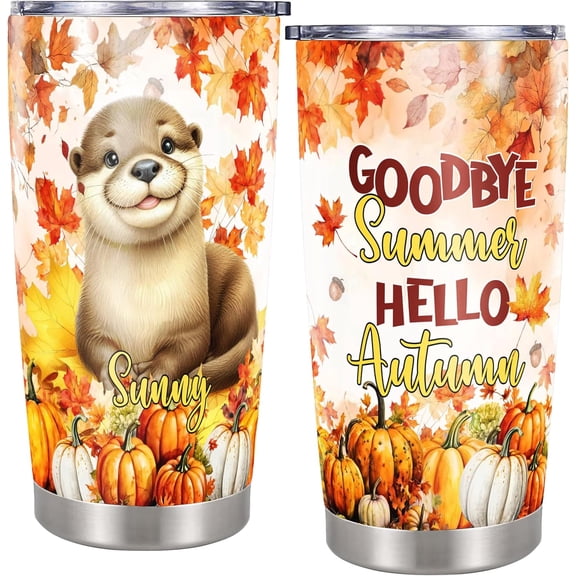 Personalized Fall Otter Insulated Tumbler Cup with Lid - Customize Name 20oz Stainless Steel Travel Mug - Autumn Decor Gifts for Farmhouse Otters Lovers on Birthday Thanksgiving