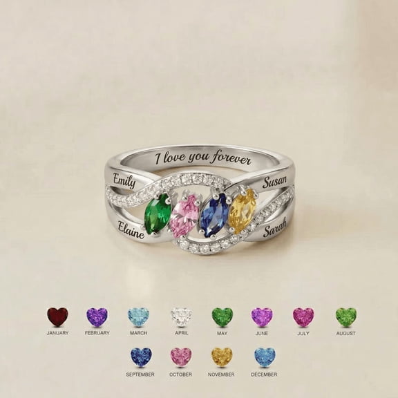 Personalized Family Birthstone Ring with 4 Custom Names |Engraved Mother's Day Ring with 4 Birthstones |Grandma Daughter Gift Jewelry
