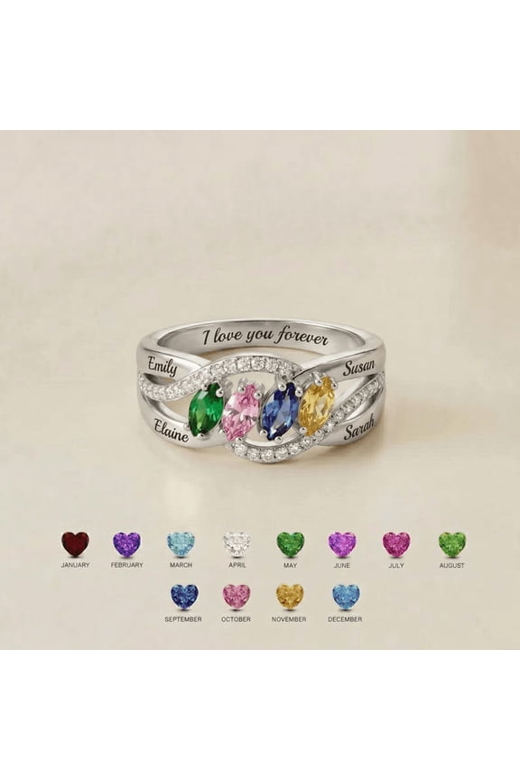 Personalized Family Birthstone Ring with 4 Custom Names |Engraved Mother's Day Ring with 4 Birthstones |Grandma Daughter Gift Jewelry