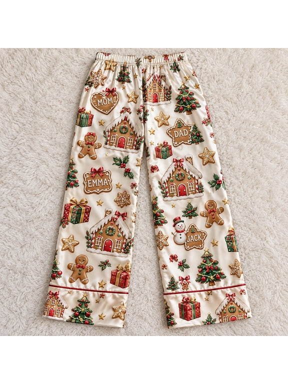 Personalized Family Christmas Names Gingerbread Gifts Cream Satin Long Pajama Pants, JEANNELABER