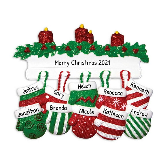 Personalized Family Christmas Ornament 2024 - Family of 10 Knit Winter Stocking Mitten Ornaments