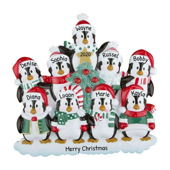 Personalized Family Christmas Ornament 2024 - Family of 9 Penguin Home Decor in Santa Hat Scarf