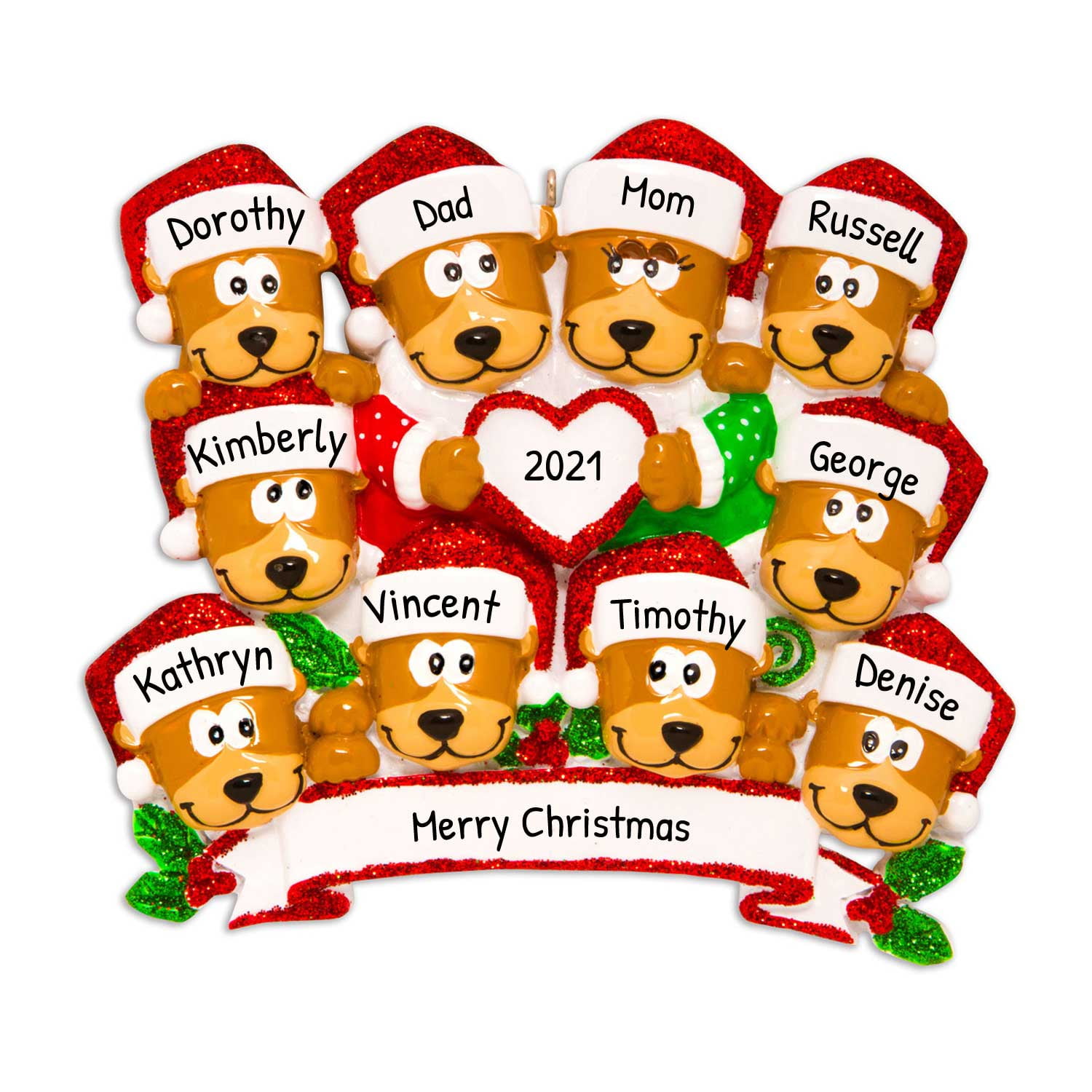 Personalized Family Christmas Ornament 2024 Happy Grizzly Bears Family of 10 Lovely Holiday