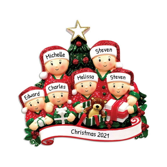 Personalized Family Christmas Ornament 2024 - Pajamas Family of 6 Opening Present Christmas Decor
