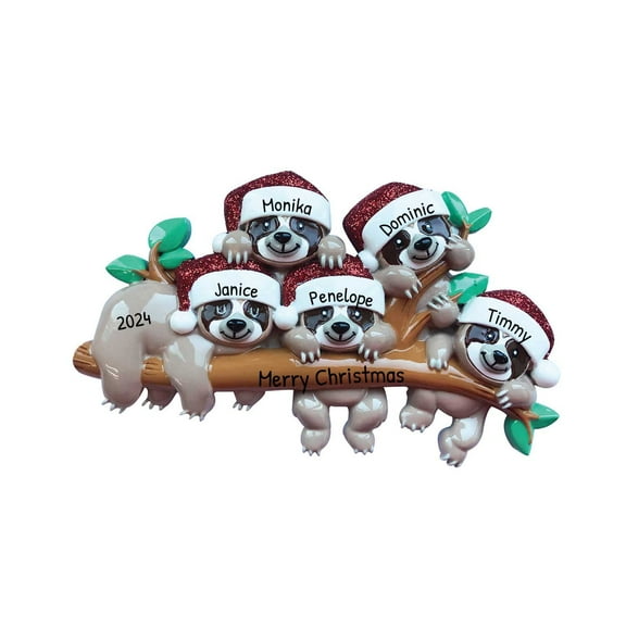 Personalized Family Christmas Ornament 2024 - Sloth Family of 5 Sloth Family Ornaments Holiday Decor