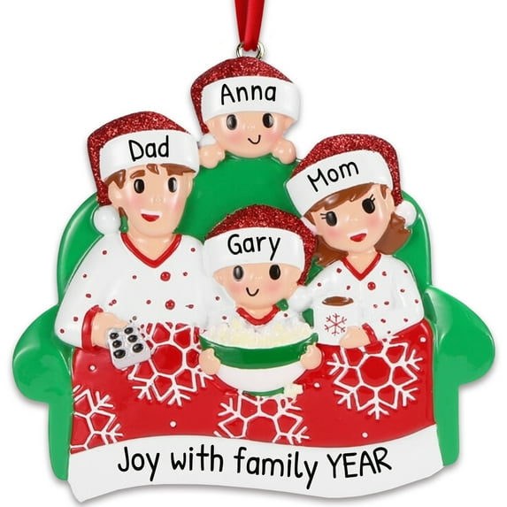 Personalized Family Christmas Ornaments - Family of 4 Christmas Ornaments 2024 Customized Family of 4 Movie Night Popcorn Themed Christmas Ornaments Custom Family Tree Ornaments for Christmas Tree