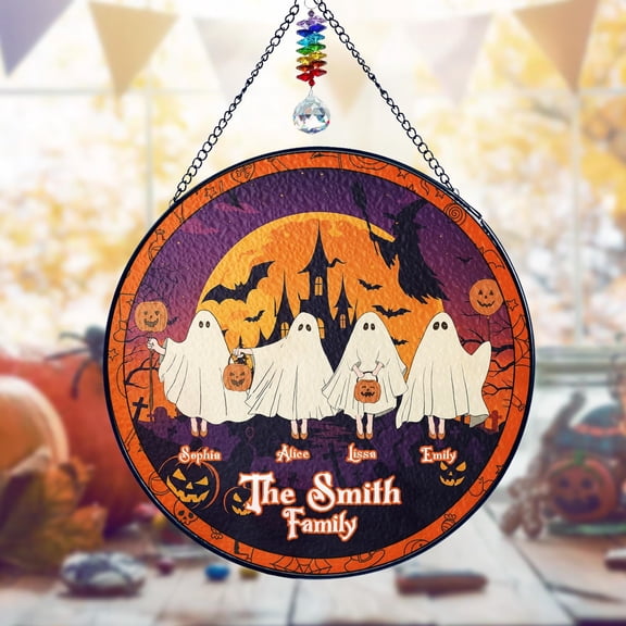 Personalized Family Ghost Stained Glass Suncatcher, Custom Name Halloween Family Portrait Window Hangings, Fall Ghost Family Decoration